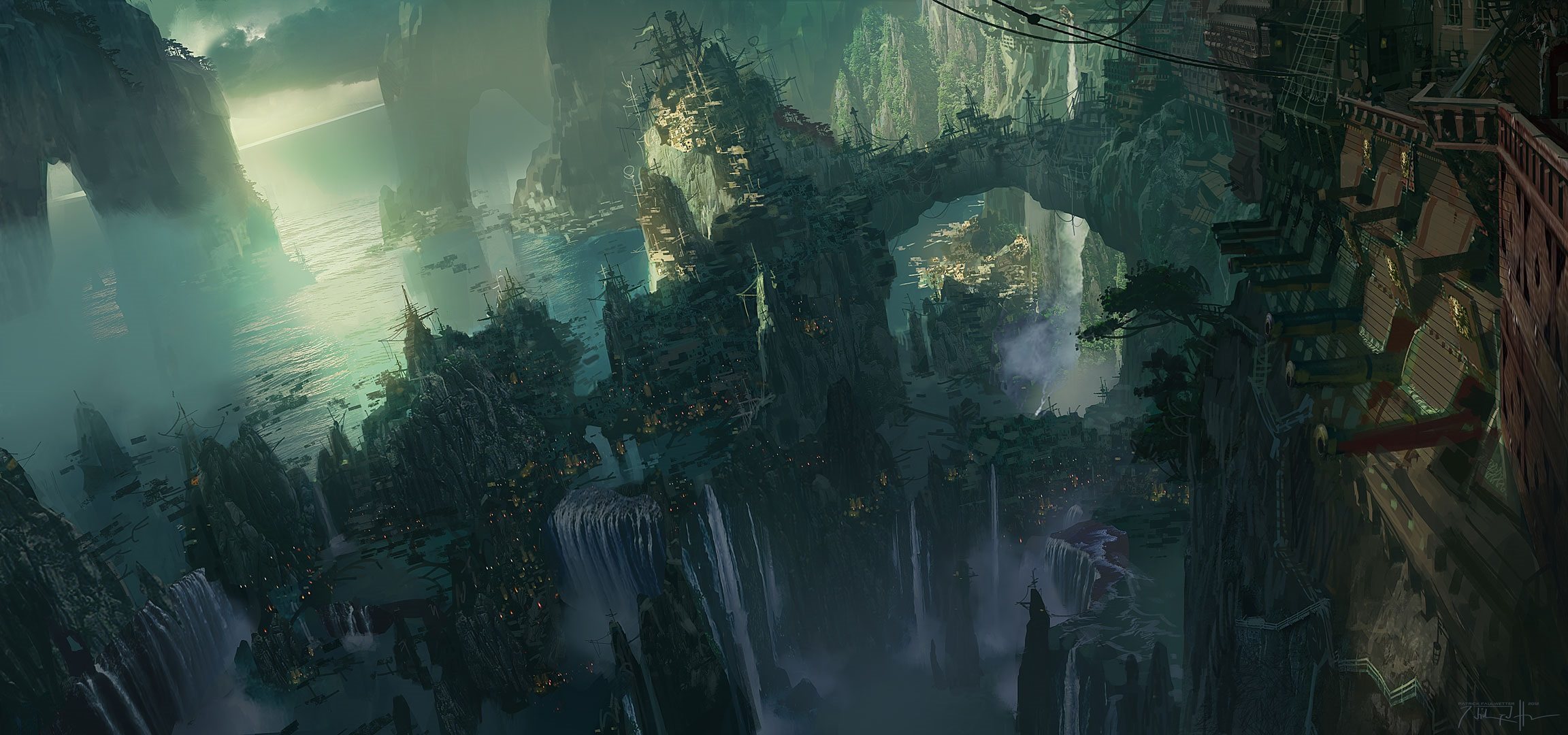 A harbour city built into sea stacks, waterfalls and moored ships below
